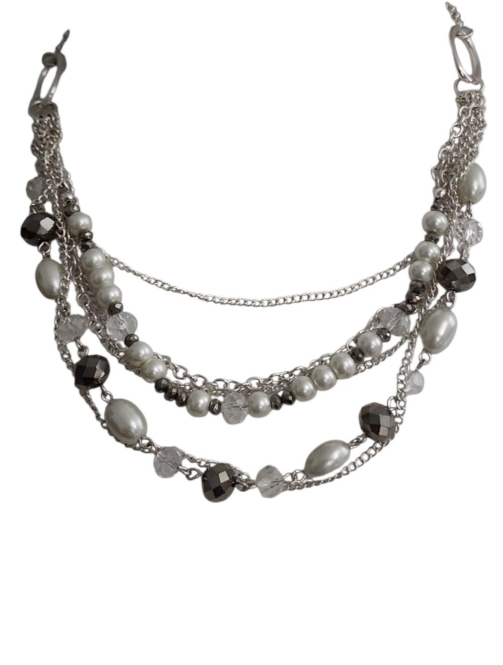 Multi-Strand Silvertone Faux Pearl & Crystal Statement Necklace